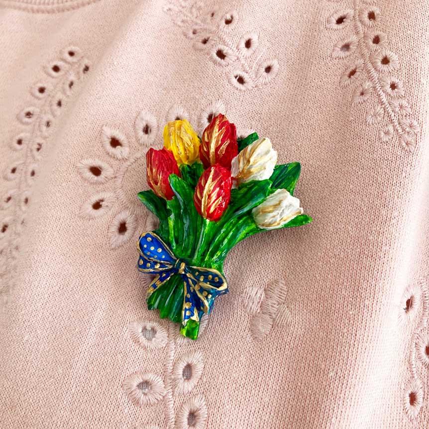 Altın Yaldızlı Renkli Lale Buketi Broş | Mavi Kurdeleli El Boyaması | Craftelle 3D Kurabiye Kalıbı