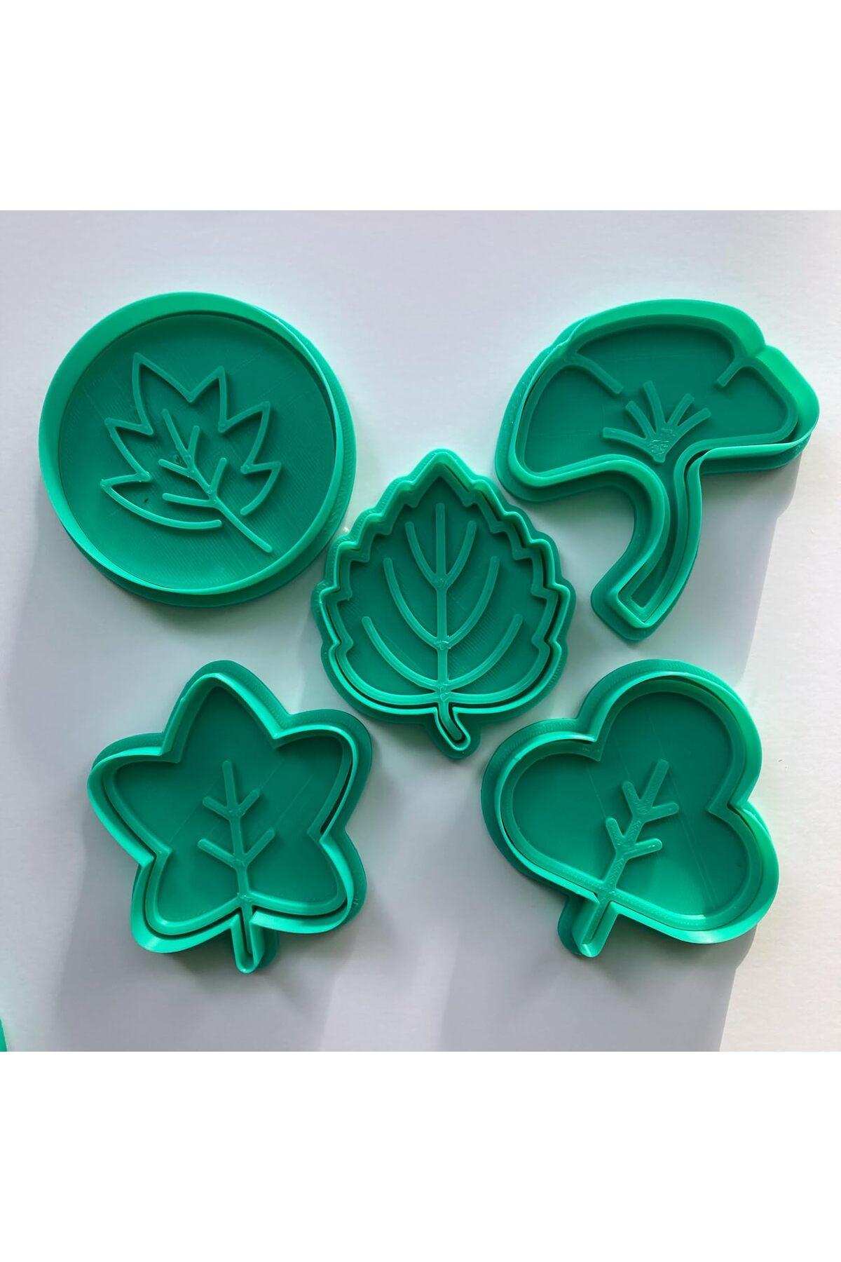 Sonbahar Yaprakları Kurabiye Kalıbı Seti, 5 Parça, Yeşil, Doğa Hamur Şekillendirici, Özel Tasarım | Craftelle 3D Kurabiye Kalıbı