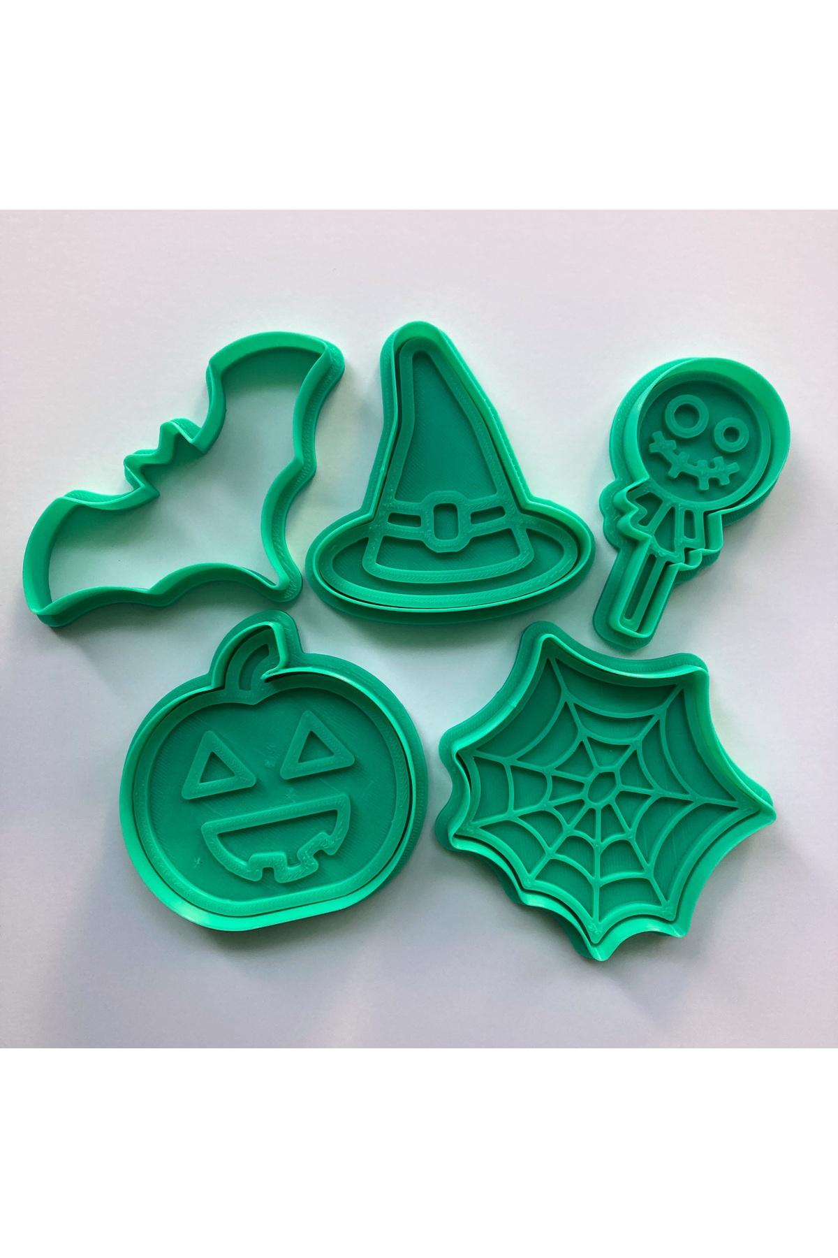 Halloween 5'li Kurabiye Kalıbı Seti, Cadı Şapkası, Balkabağı, Örümcek Ağı, Yarasa, Şeker Temalı | Craftelle 3D Kurabiye Kalıbı