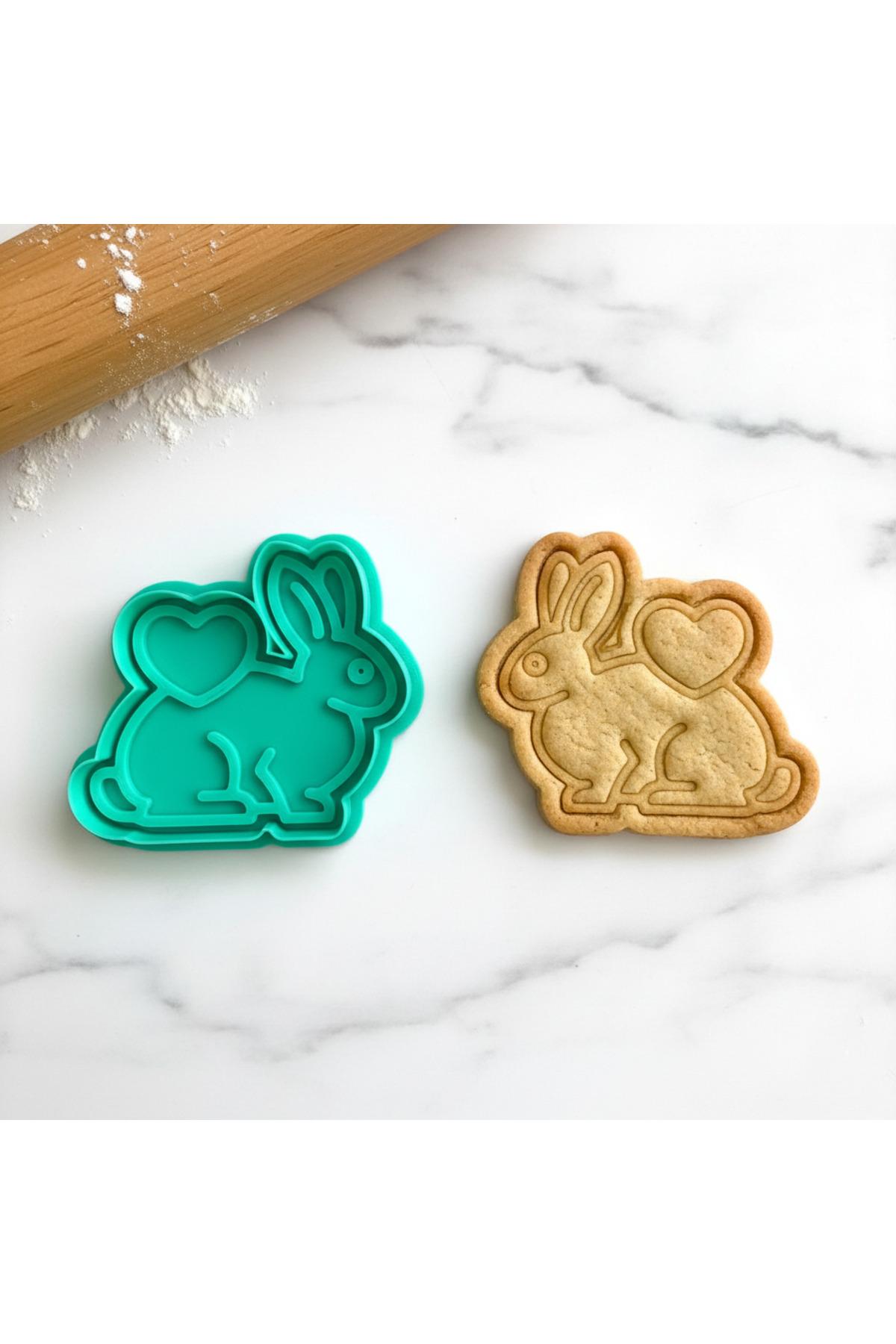 Kalpli Tavşan Kurabiye Kalıbı ve Damga Seti | Sevgililer Günü, Paskalya ve Baby Shower Özel | Craftelle 3D Kurabiye Kalıbı