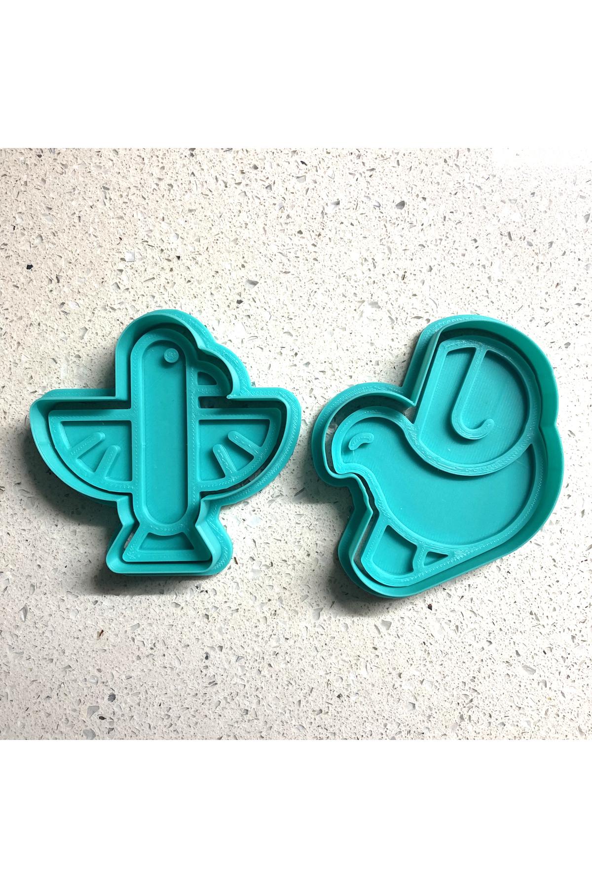 Sanatsal Kuşlar 2'li Kurabiye Kalıbı Seti Etnik Güvercin Bohem, Şeker Hamuru, Kil Şekillendirici | Craftelle 3D Kurabiye Kalıbı