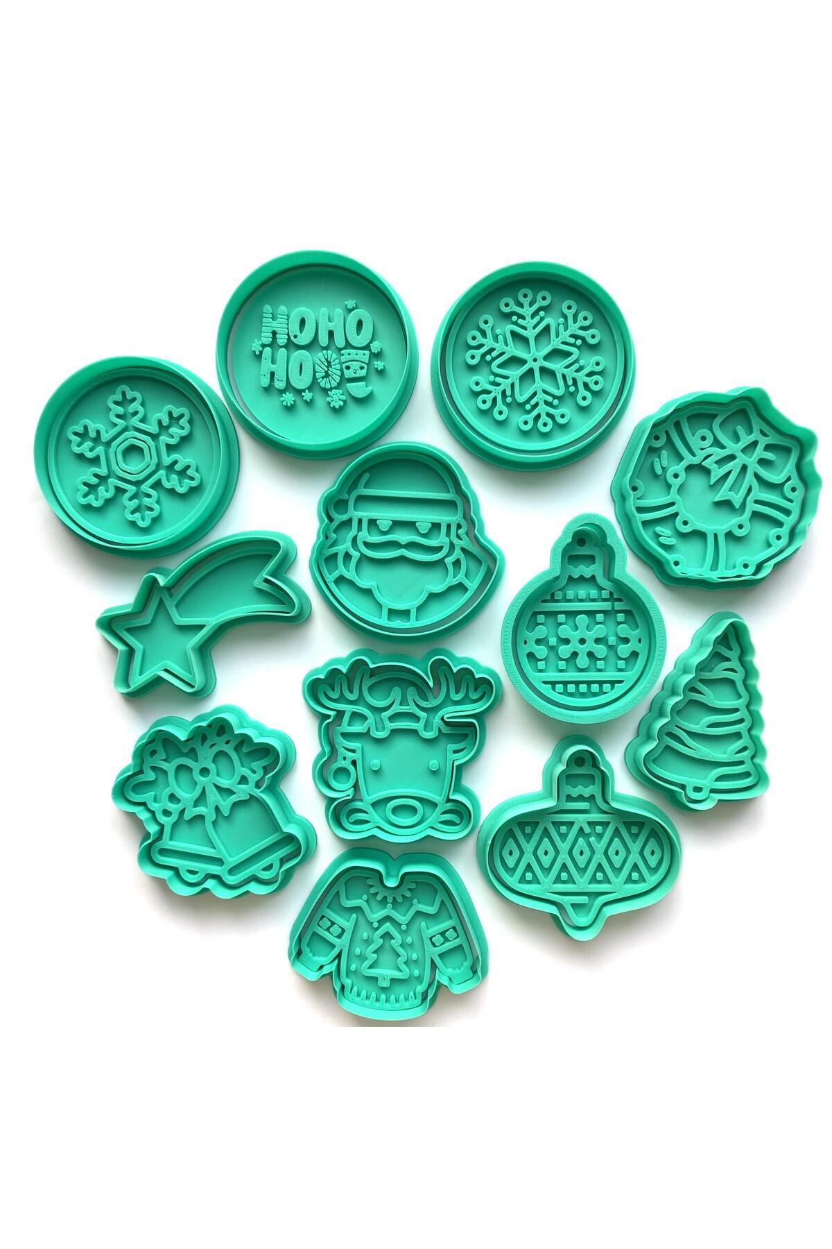 12'li Yılbaşı Mega Kurabiye Kalıbı Seti | Noel Baba, Geyik, Kar Tanesi, Çelenk, Kazak | Craftelle 3D Kurabiye Kalıbı