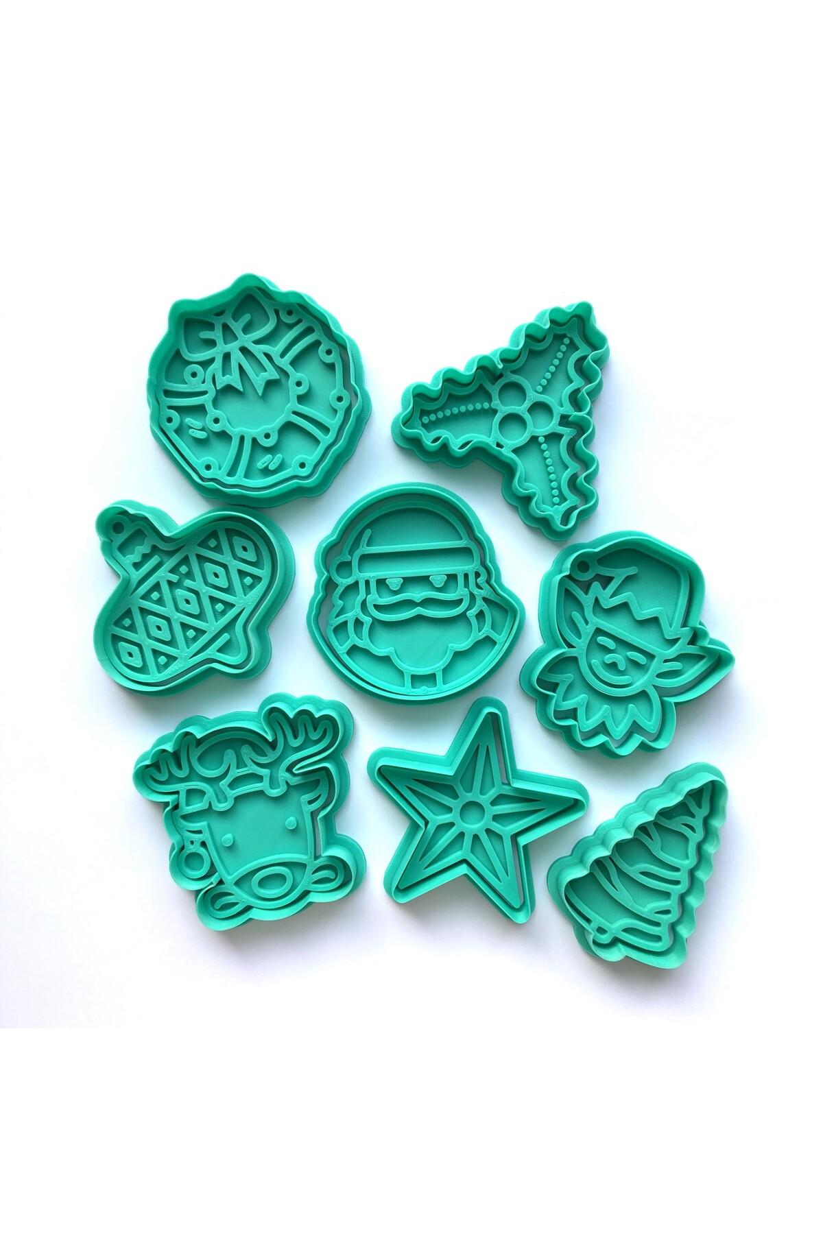 8'li Yılbaşı Lüks Kurabiye Kalıbı Seti | Noel Baba, Geyik, Elf, Çelenk | Kış Temalı Parti | Craftelle 3D Kurabiye Kalıbı