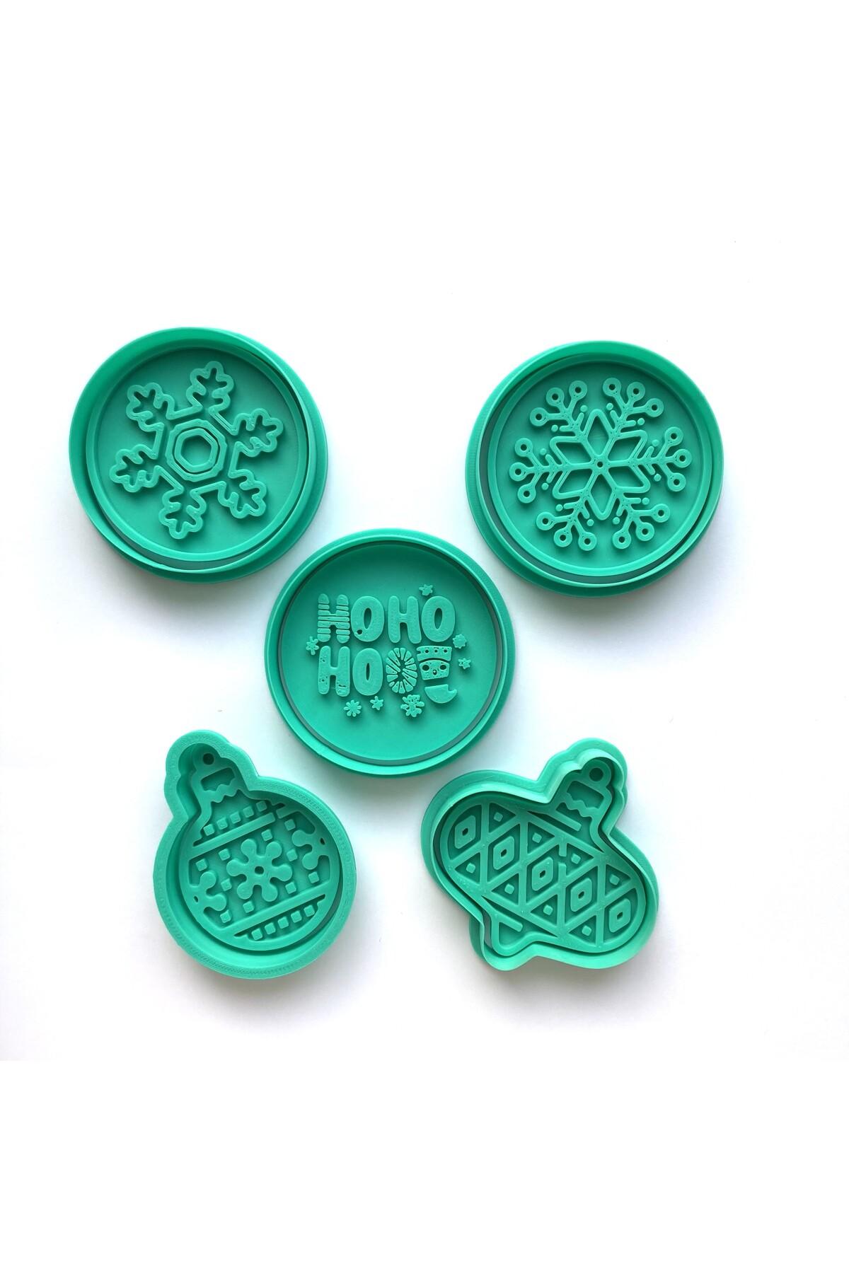 5'li Yılbaşı Desenli Damga Seti | Kar Tanesi, Yazılı, Baklava Desenli Süsler | Kış Temalı | Craftelle 3D Kurabiye Kalıbı