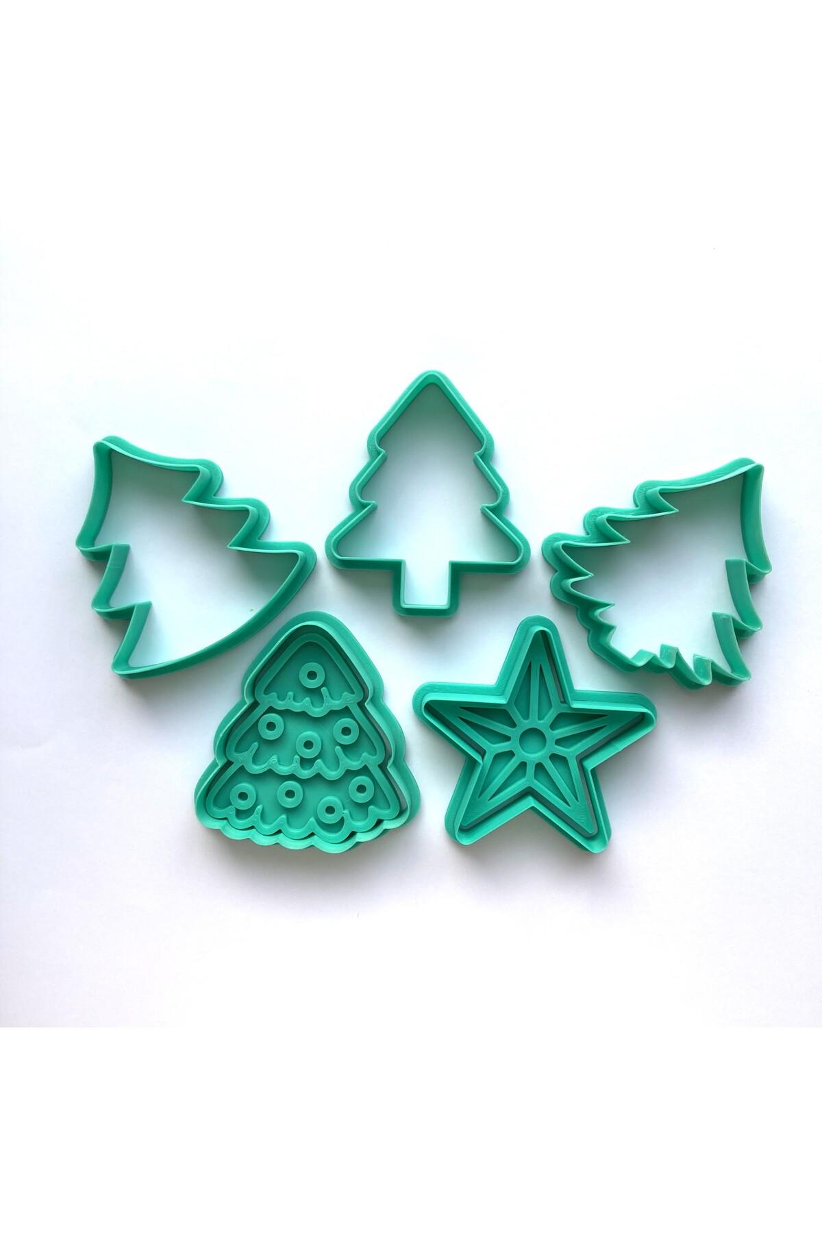Çam Ağacı ve Yıldız Temalı 5 Parça Kurabiye Kalıbı Seti | Yılbaşı Süslemeleri | Şeker, Kil Hamuru | Craftelle 3D Kurabiye Kalıbı