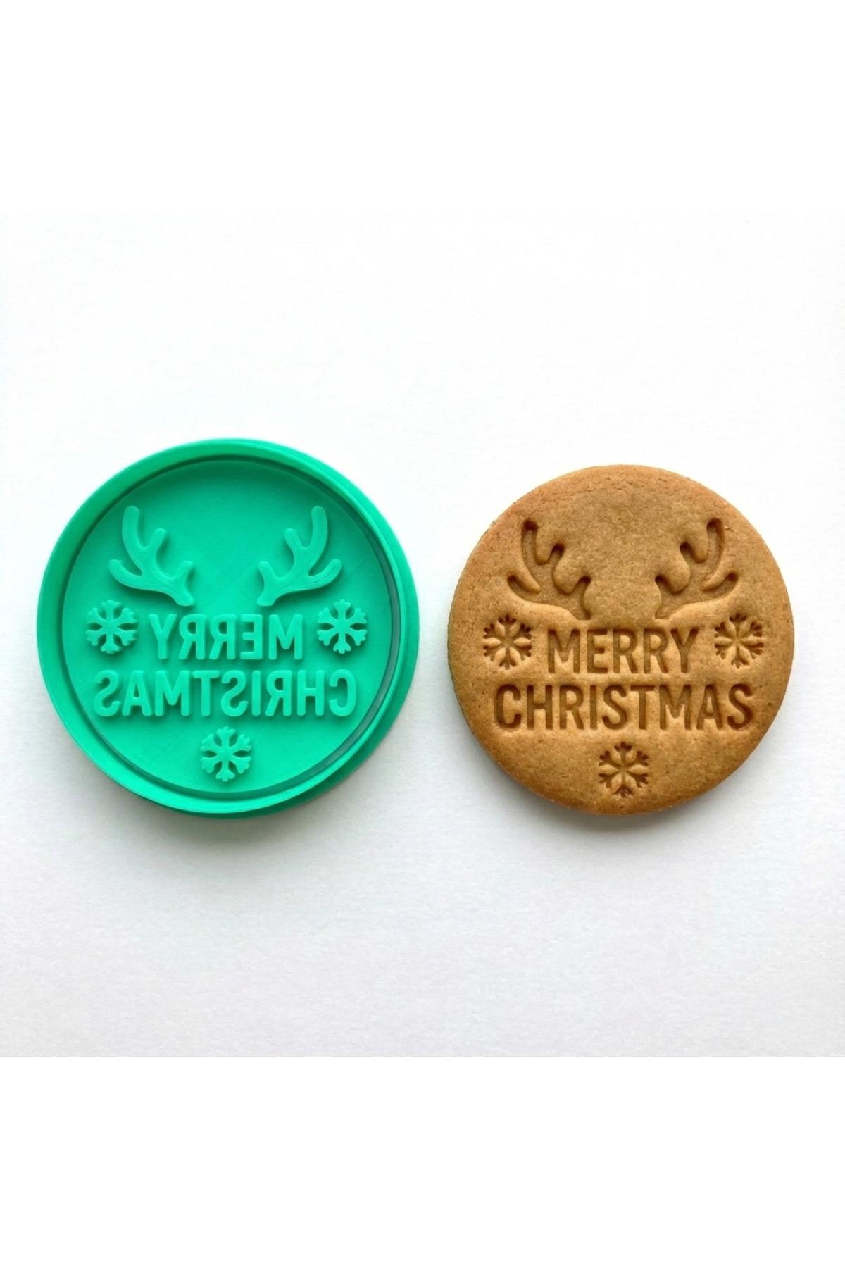 Merry Christmas Yazılı Kurabiye Kalıbı ve Damga Seti | Geyik Boynuzlu Yılbaşı Mesajı | Şeker Hamuru | Craftelle 3D Kurabiye Kalıbı