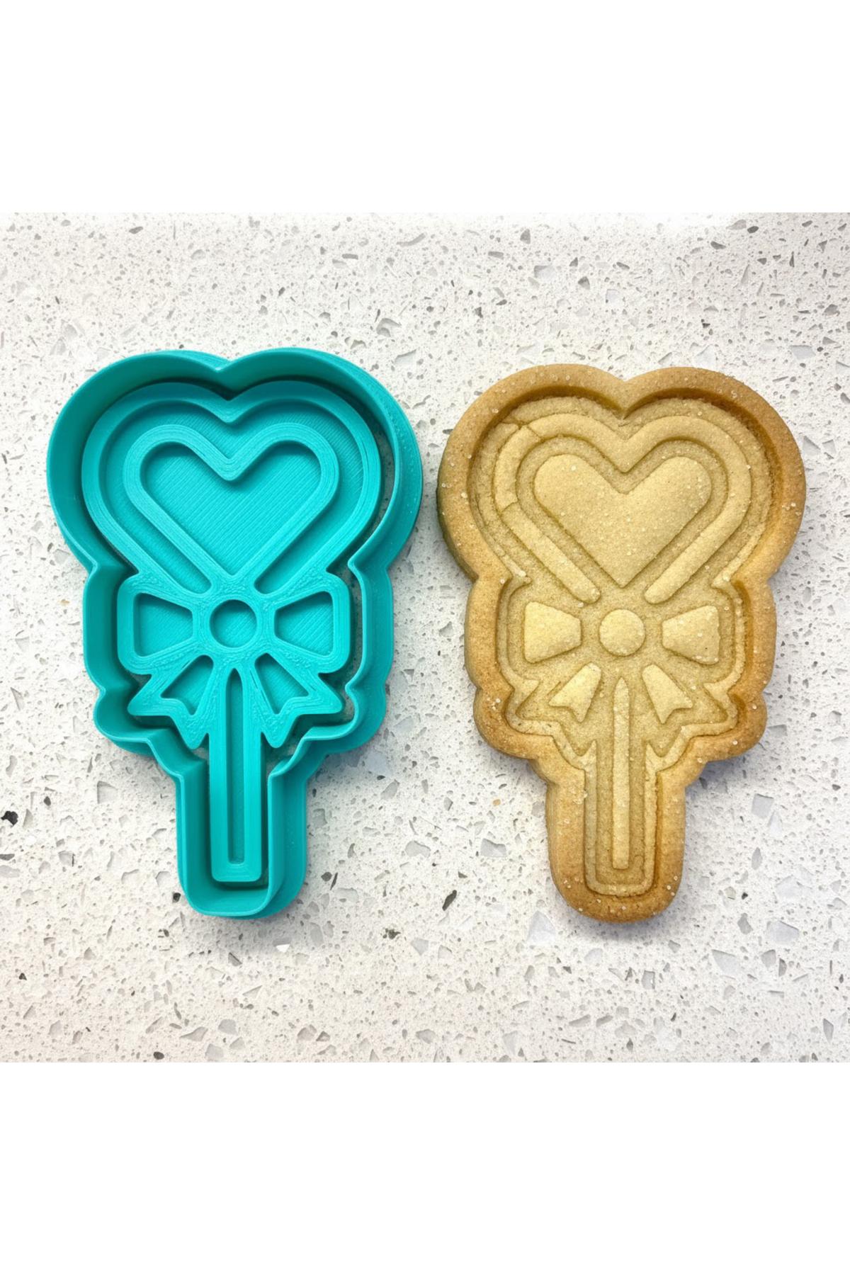 Kalp Lolipop Kurabiye Kalıbı ve Damga Seti | Fiyonklu Şekerleme Tasarımı | Sevgililer Günü | Craftelle 3D Kurabiye Kalıbı