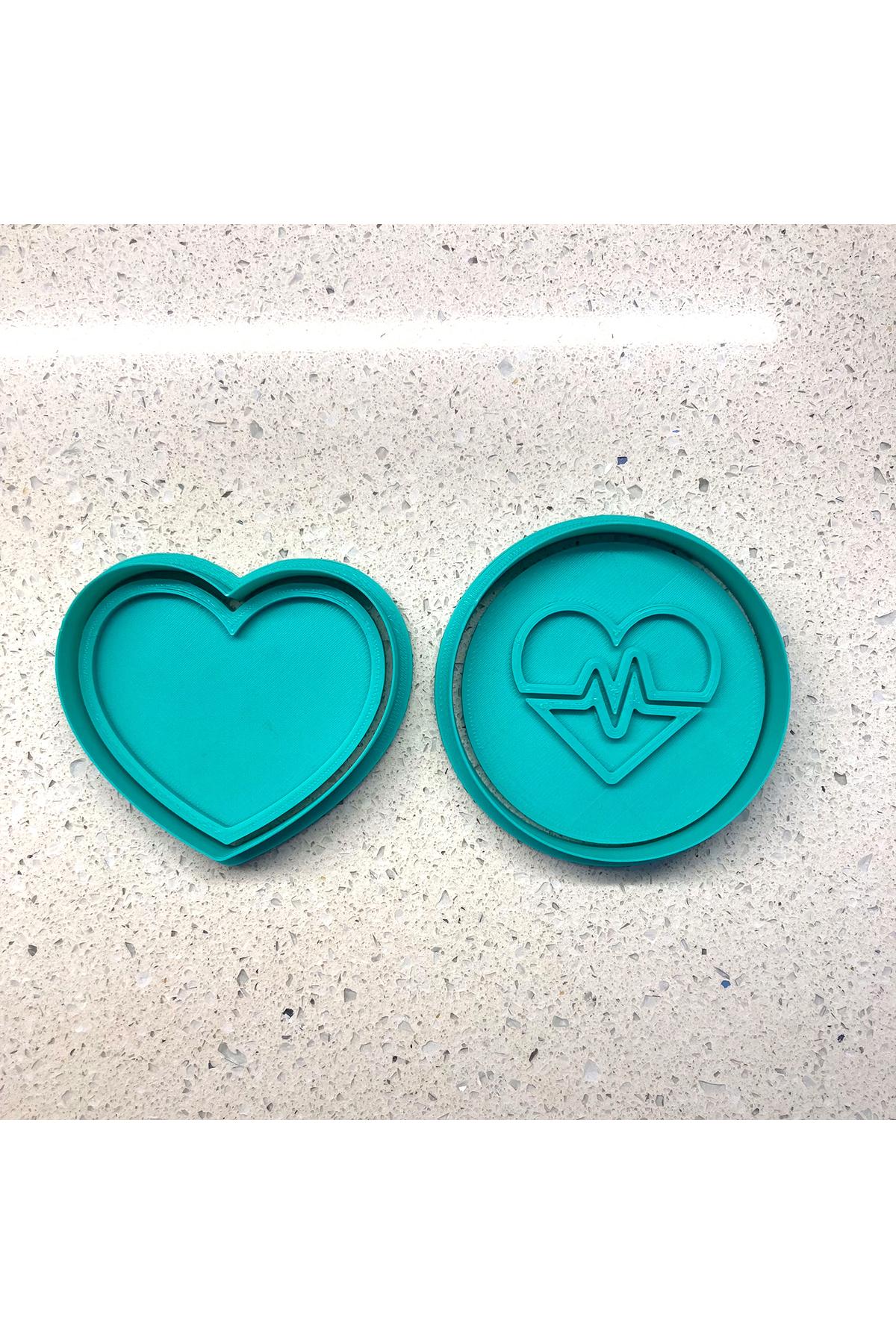 Romantik 2 Parça Set | Klasik Kalp & EKG Figürlü Kurabiye Kalıbı ve Damga | Şeker Hamuru ve Kil | Craftelle 3D Kurabiye Kalıbı