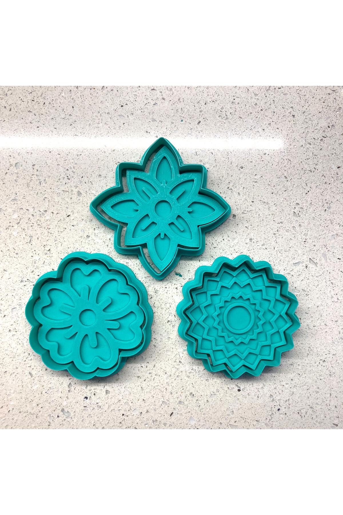 Estetik 3 Parça Set | Kalp Çiçek, Yıldız ve Mandala Kurabiye Kalıbı ve Damga | Şeker Hamuru ve Kil | Craftelle 3D Kurabiye Kalıbı