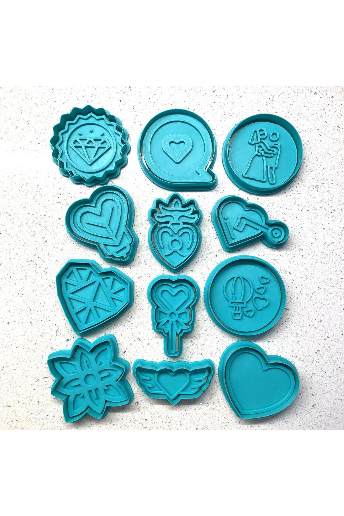 12'li Yaratıcı Aşk Sembolleri Kurabiye Kalıbı Seti | Modern Tasarım Mega Set | Craftelle 3D Kurabiye Kalıbı