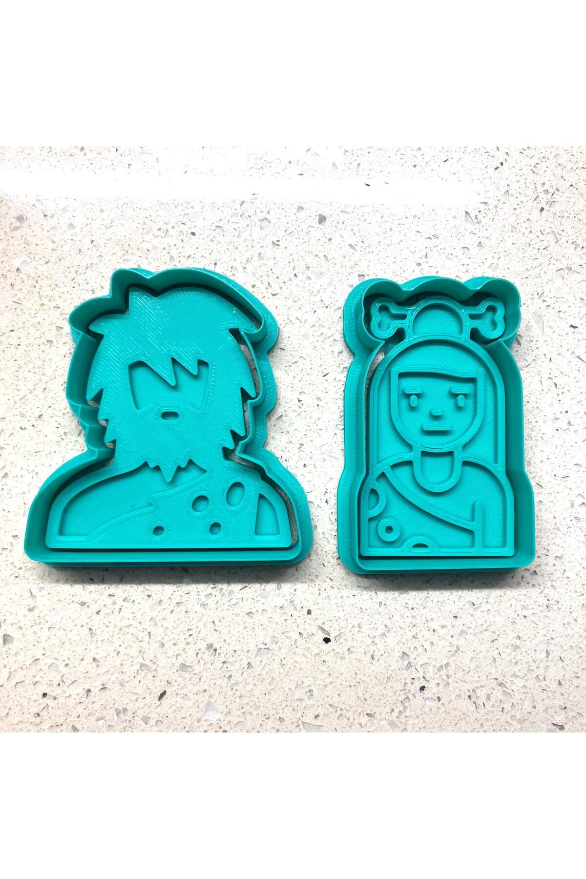 2'li Taş Devri Çifti Kurabiye Kalıbı Seti | Mağara Adamı ve Kemik Tokalı Kadın | Parti | Craftelle 3D Kurabiye Kalıbı