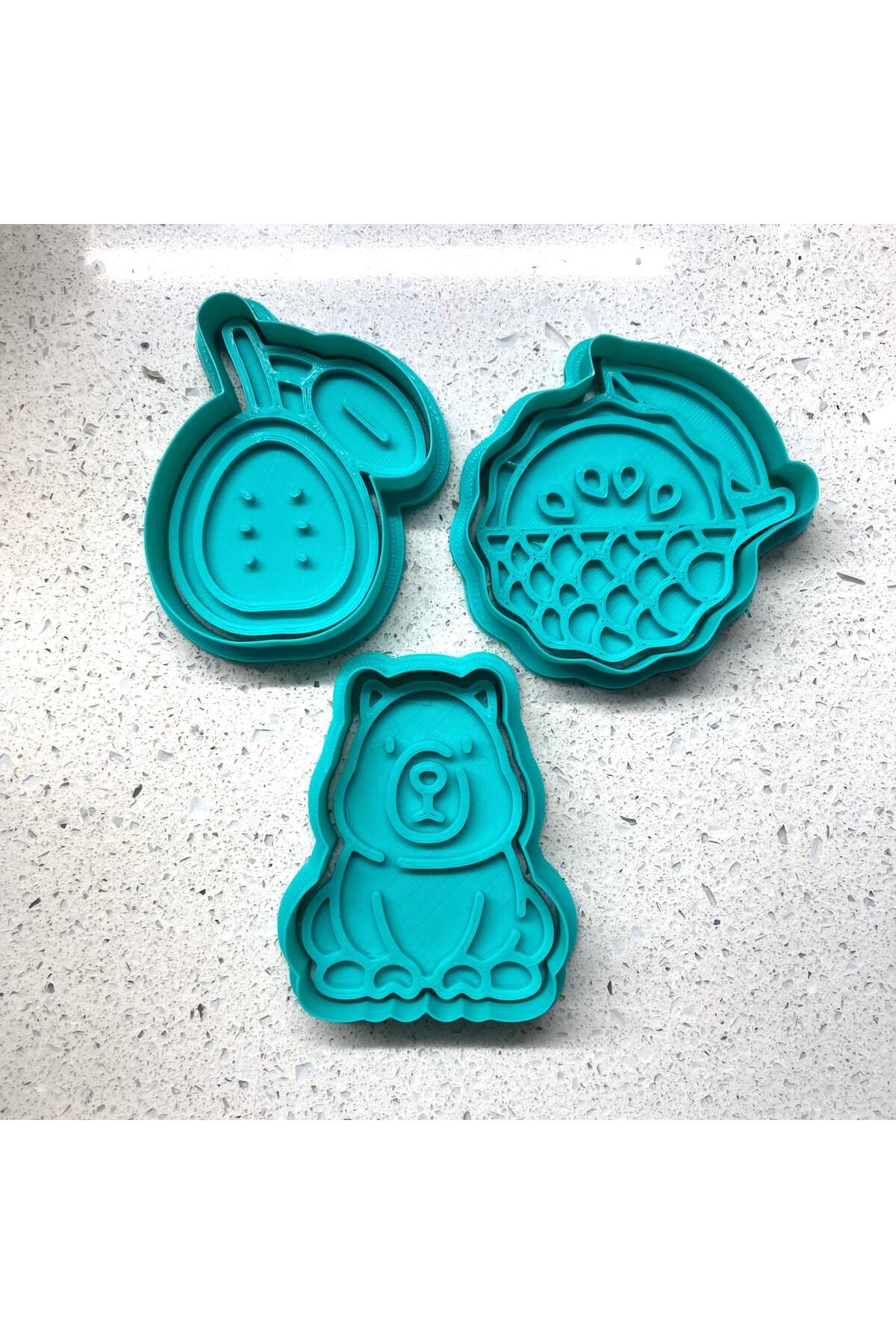 3'lü Kapibara ve En Sevdiği Meyveler Ekmek Ağacı ile Guava Meyvesi | Şeker Hamuru, Kil | Craftelle 3D Kurabiye Kalıbı